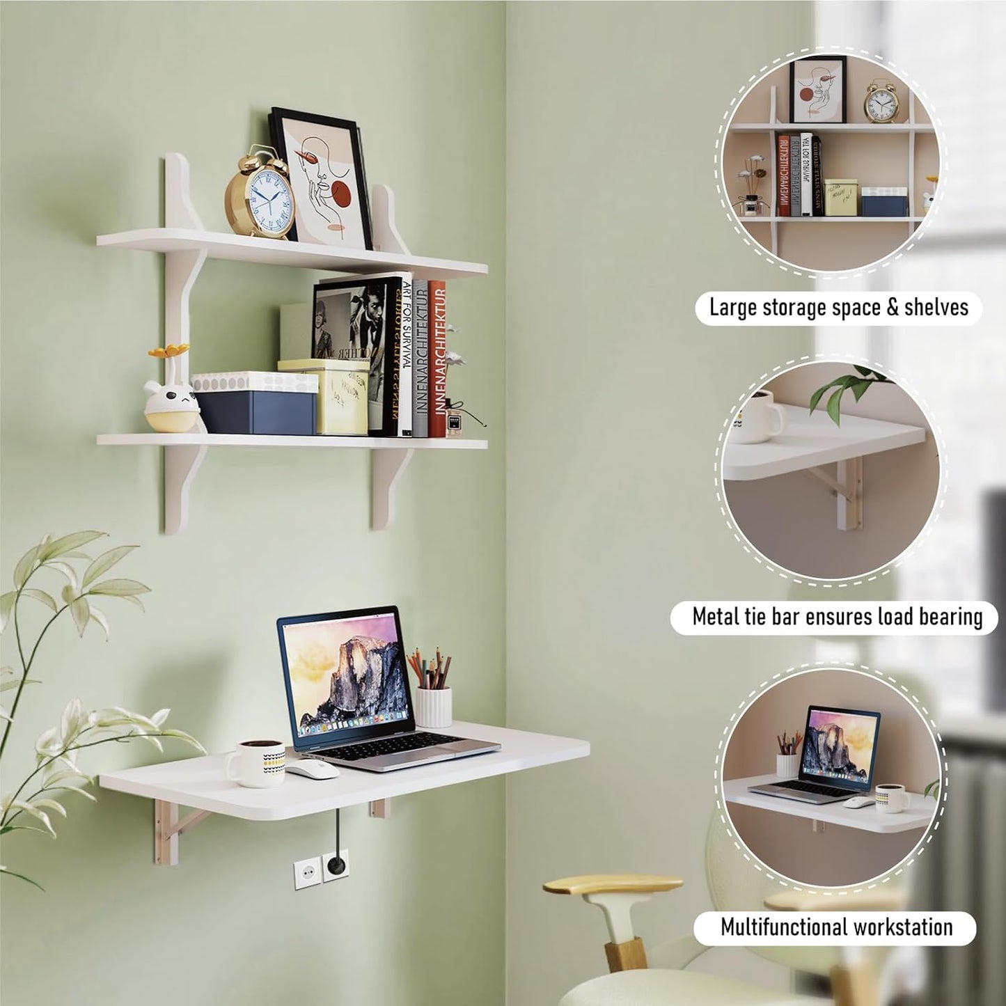 Pmnianhua Wall Mounted Folding Table, 31'' Floating Laptop Desk with Shelves, Foldable Drop Leaf Table, Wall Mount Fold Down Table for Laundry Room Kitchen Bar Home Office Small Space(White)