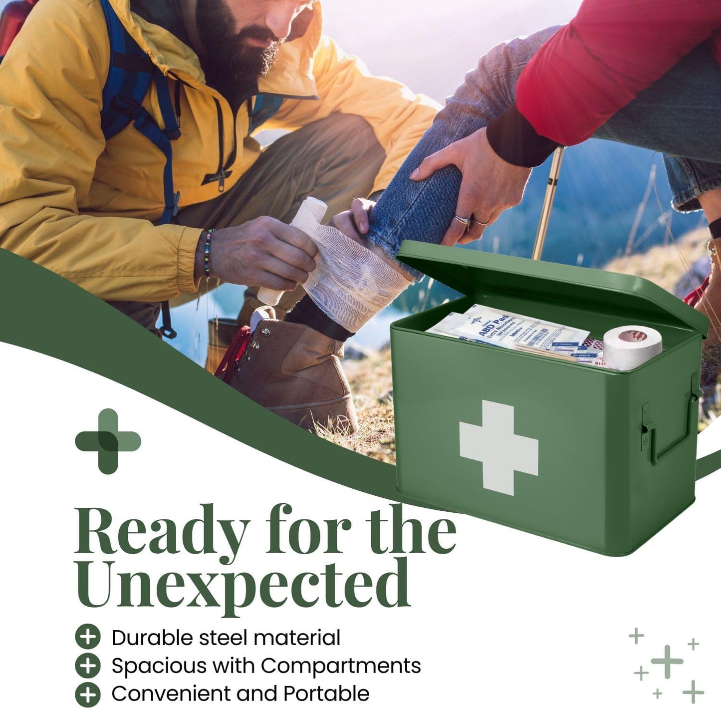 Flexzion First Aid Box Organizer Empty 13" Green Vintage First Aid Kit Tin Metal Medical Box - First Aid Storage Box Container Bins with Dividers, Removable Tray and White Cross Logo