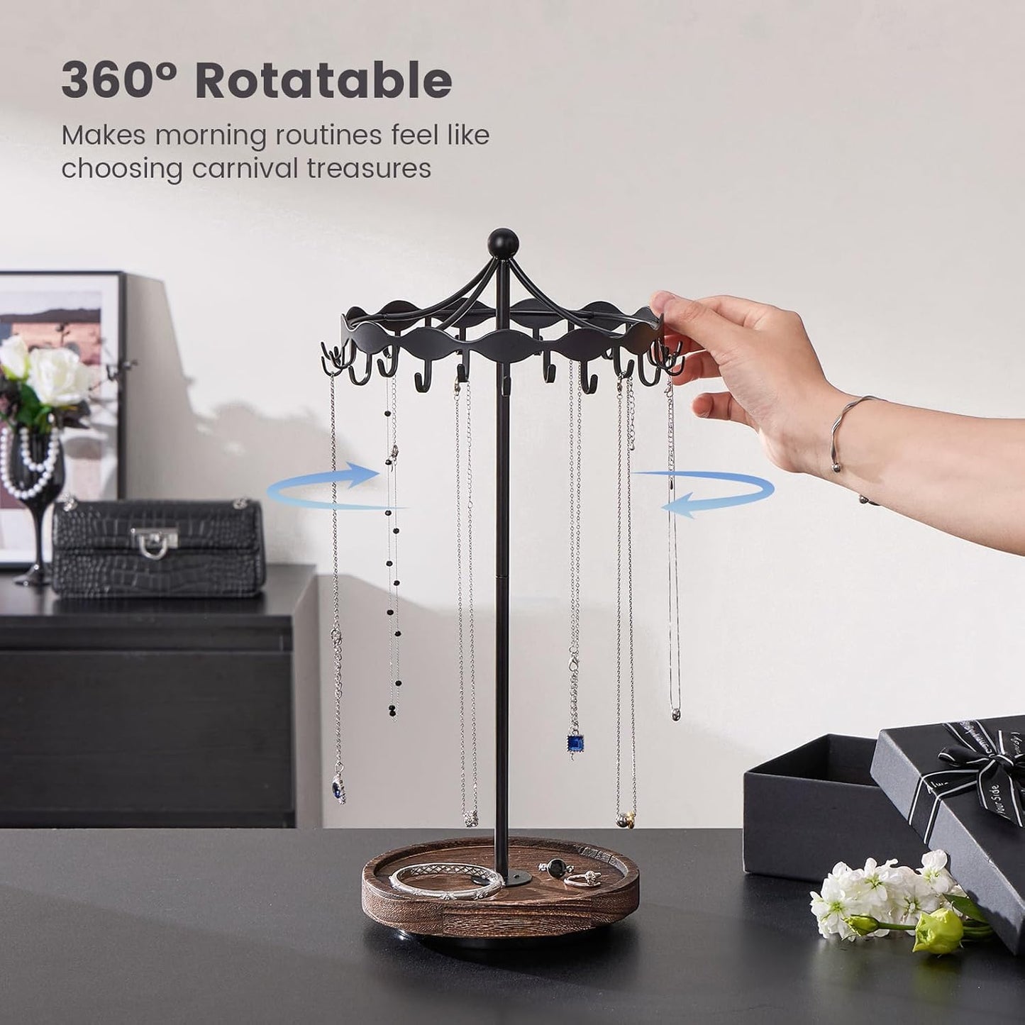 Lolalet Rotating Necklace Holder Stand with Metal Hooks, Spinning Display Carousels, Freestanding Organizer Hanger, for Long Necklaces Chains -Black