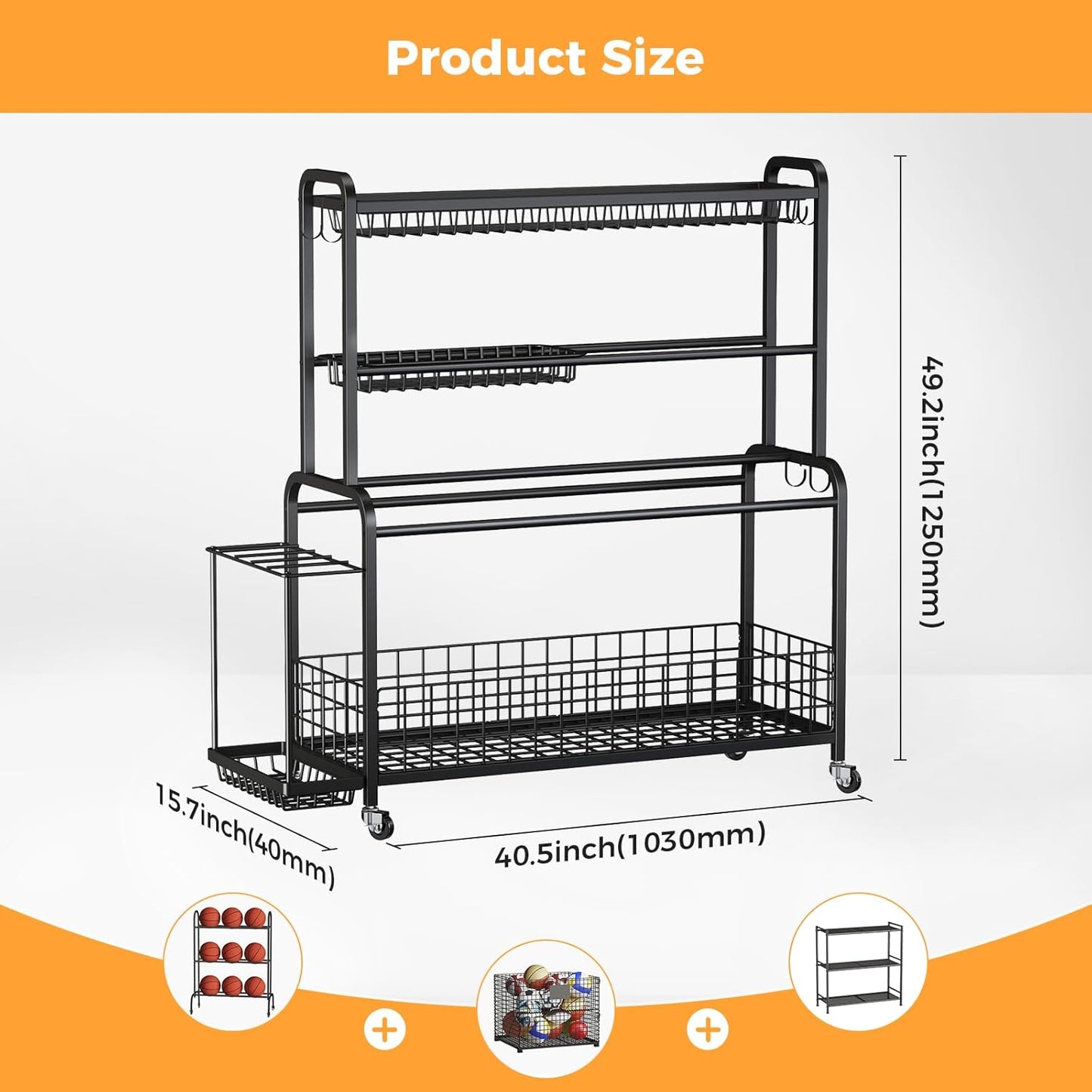 VOPEAK Oversized Sports Equipment Organizer, 4 Layers Rolling Ball Storage Rack for Garage Storage with Wheels Removable Hooks and Baskets Large Capacity Black Ball Holder for Toy Sports Gear Storage