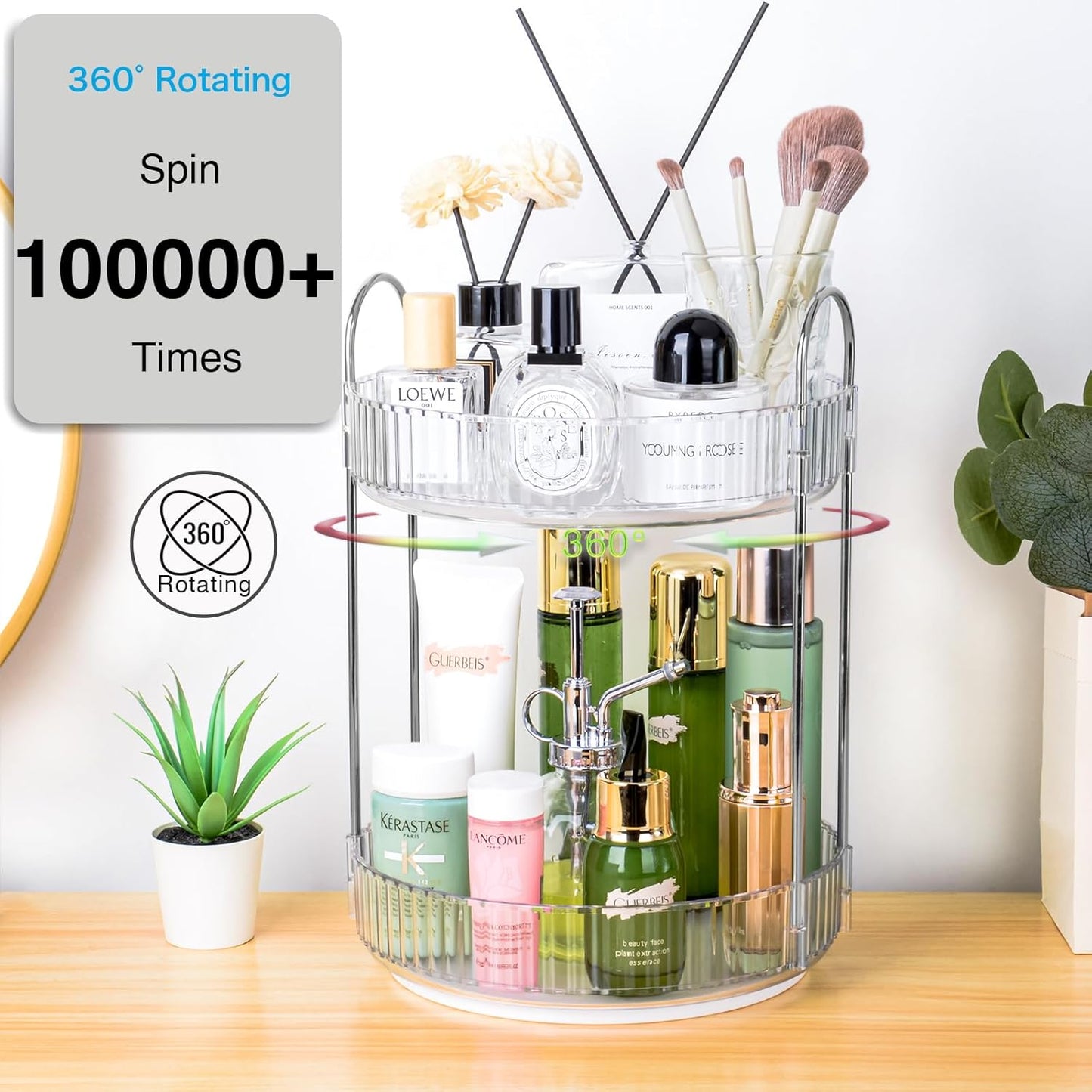 360 Rotating Makeup Organizer, 2 Tier Lazy Susan Bathroom Counter Organizer, Skincare Organizers, Spinning Perfume Organizer & Vanity Organizer Countertop (Silver Clear, 2 Tier)