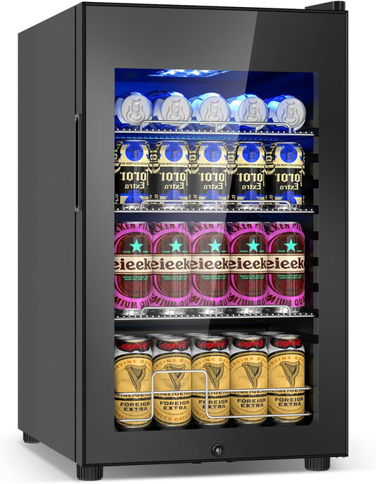 17 Inch Black Beverage Refrigerator- 126 Can Glass Door Beer Cooler with Temp Memory Freestanding Countertop Mini Fridge for Soda, Beer, Drinks Compact Drink Cooler for Home, Bar, Office