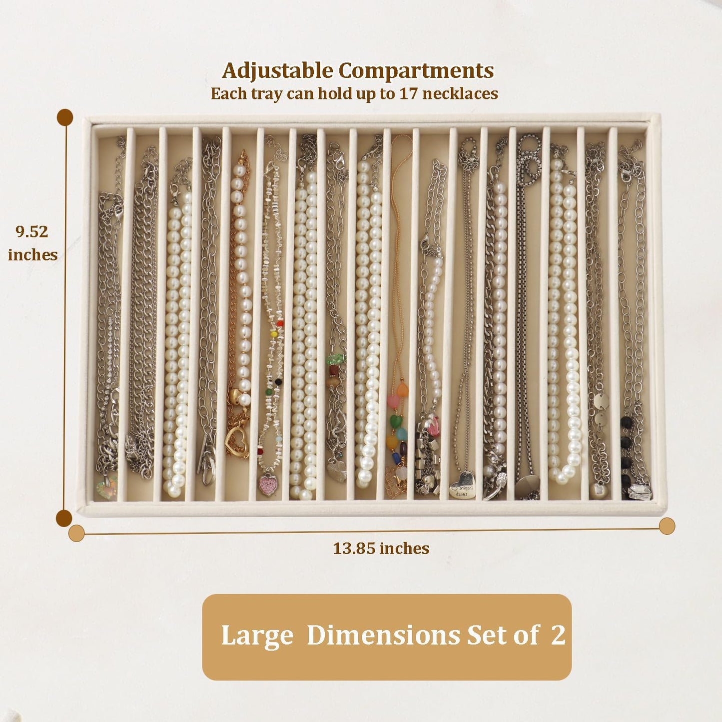 Large Velvet Jewelry Tray 2 Pack Stackable Jewelry Display Drawer Inserts Trays Organizer for Earring Bracelet Necklace Ring (Beige, 16 Grids)