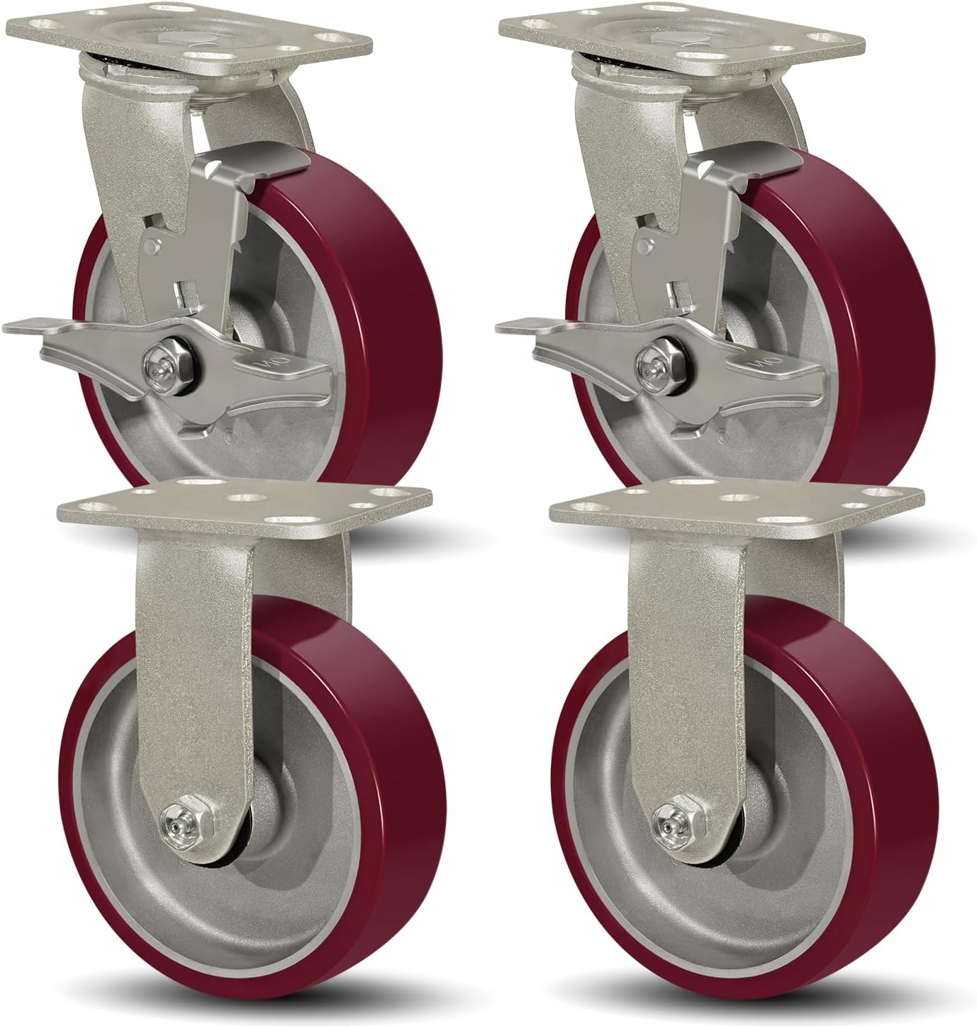 SY America 6" X 2" Casters Wheels,Heavy Duty Casters Set of 4，Polyurethane on Aluminum Wheels,2 Rigid 2 Swivel w/Top Lock Brake Casters,5200 LBS Load Capacity