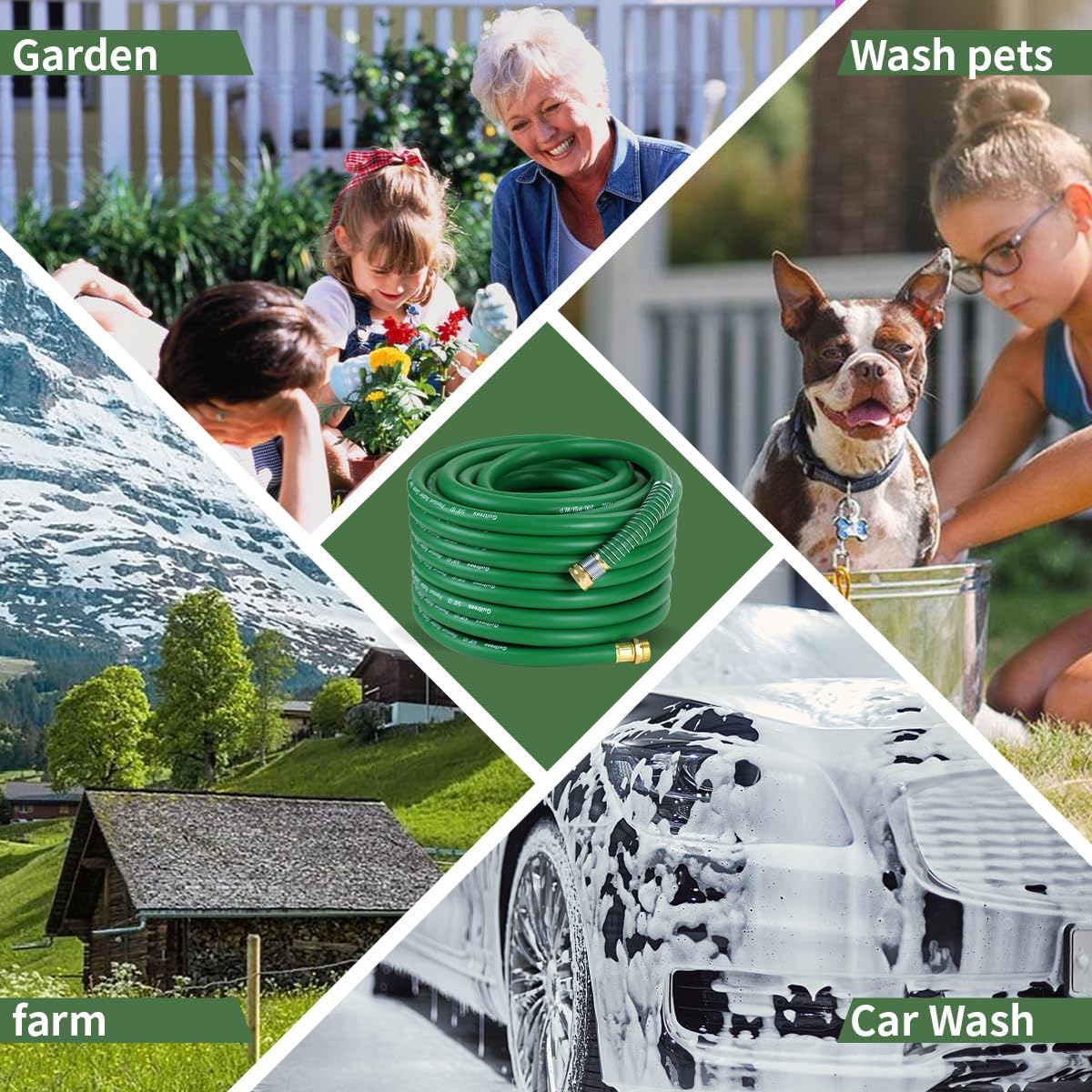 90FT 5/8 Heavy Duty Rubber Garden Hose - 200psi Working, 1000psi Burst - Hot/Cold Water - Five-Layered Braiding for Durability - Versatile for Gardening, Agriculture, Construction(Green)