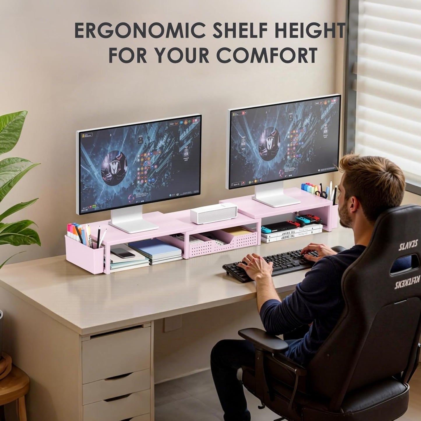 OPNICE Pink Desk Organizers and Accessories for Women, Dual Computer Monitor Stand Riser with Drawer and 2 Pen Holders, Office Desk Accessories, Workspace Desktop Organization for Office Supplies