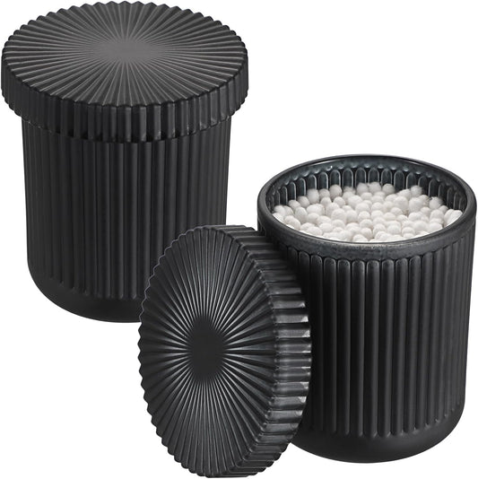 2 Pack Glass Qtip Holder with Lid, Qtip Dispenser Bathroom Storage Jars- Glass Apothecary Jars for Cotton Ball, Swab, Pads, Floss Picks, Bathroom Accessories Organization and Vanity Organizer(Black)