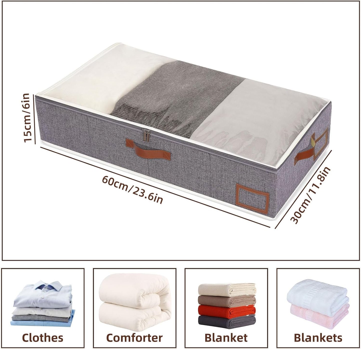 Yawinhe Under Bed Storage, 4 Pack Closet Organizers, Collapsible Container Bags, with Sorting Card Slot and 4 Leather Handles, for Blanket, Bedding, 23.6''Lx11.8''Wx6''H, Grey