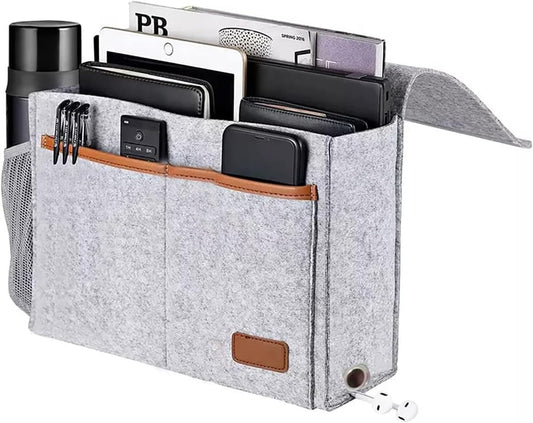 Bedside Caddy,Felt Bedside Storage Organizer, Hanging Storage for Dorm Bed Sofa for tablet Magazine Phone Remotes and Water Bottle Holder (Light Grey)