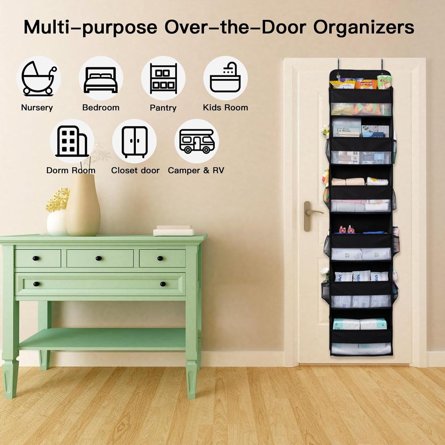 WishJazz Over the Door Organizer, 6 Shelf Hanging Organizer, Anti Tilt 50lbs Back of Door Storage for Bathroom, Nursery, Pantry, Baby Essentials