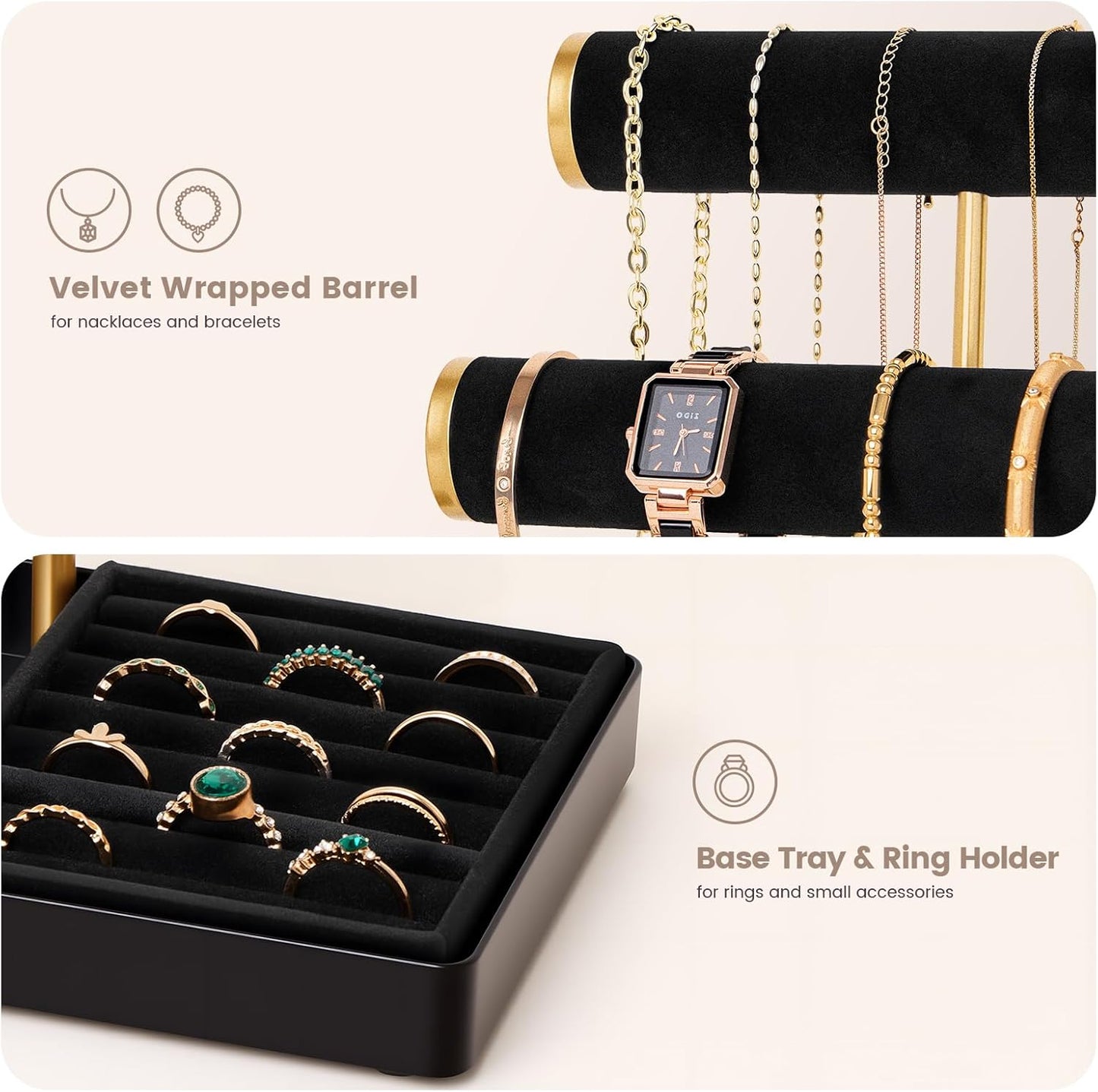 Lolalet Bracelet Display Stand Necklaces Holder, 5 Tiers Jewelry Organizer and Storage Rack with Velvet Slot and Metal Base, for Women Bangles Watches Ring Earrings -Black
