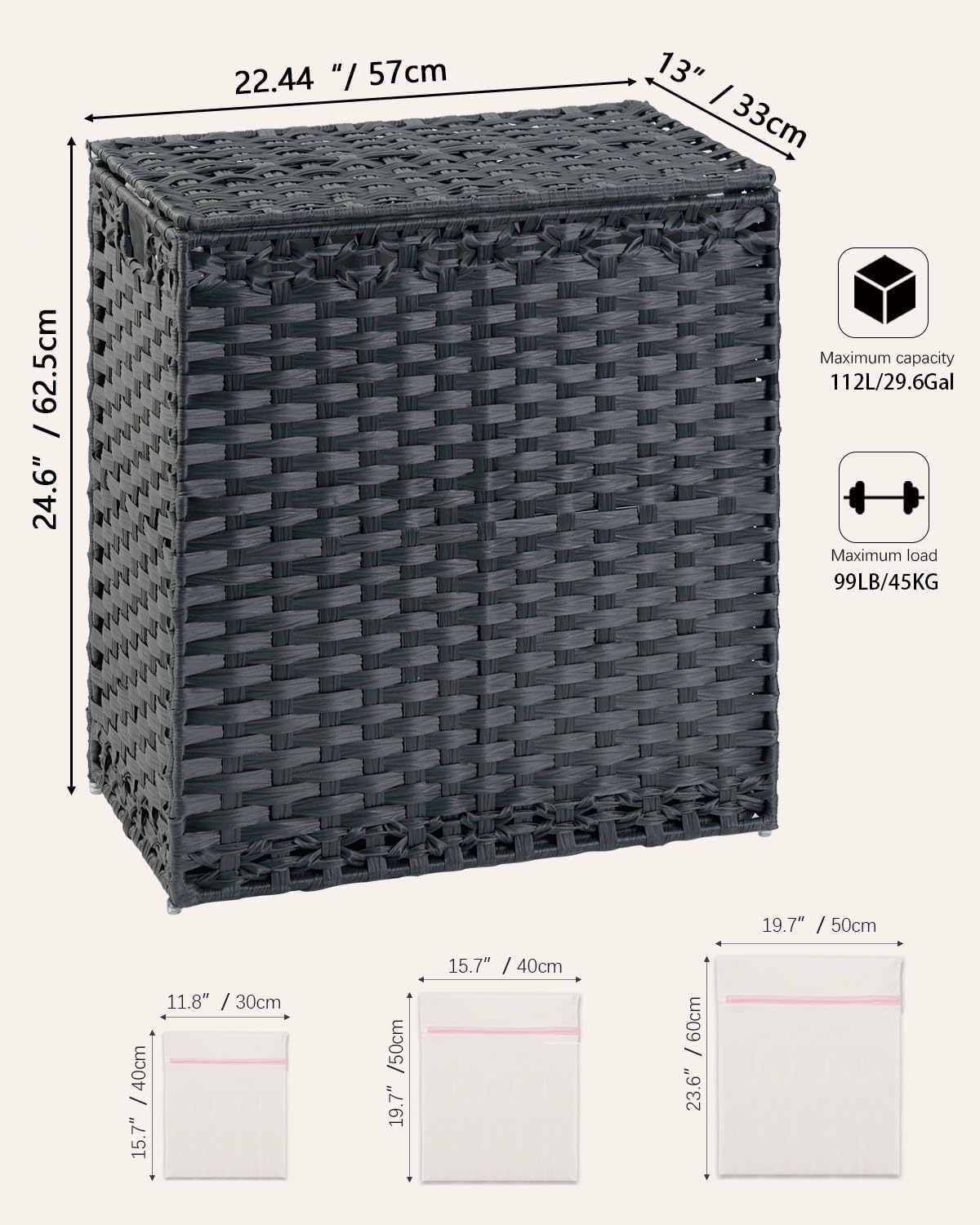 Laundry Hamper with Lid Wicker Laundry Basket 112 L (29.6 Gal) Laundry Hampers Handwoven Rattan Clothes Hamper with Handles 3 Removable Liner Bag, 6 Mesh Bags for Bathroom Bedroom Black