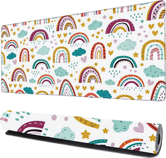 Rainbow in Cartoon Gaming Mouse Pad XXL Large Desk Mouse Pad Keyboard Mat with Stitched Edges Waterproof Non-Slip Desk Mat for Laptop,Keyboard,Computer 35.4 * 15.7 Inch