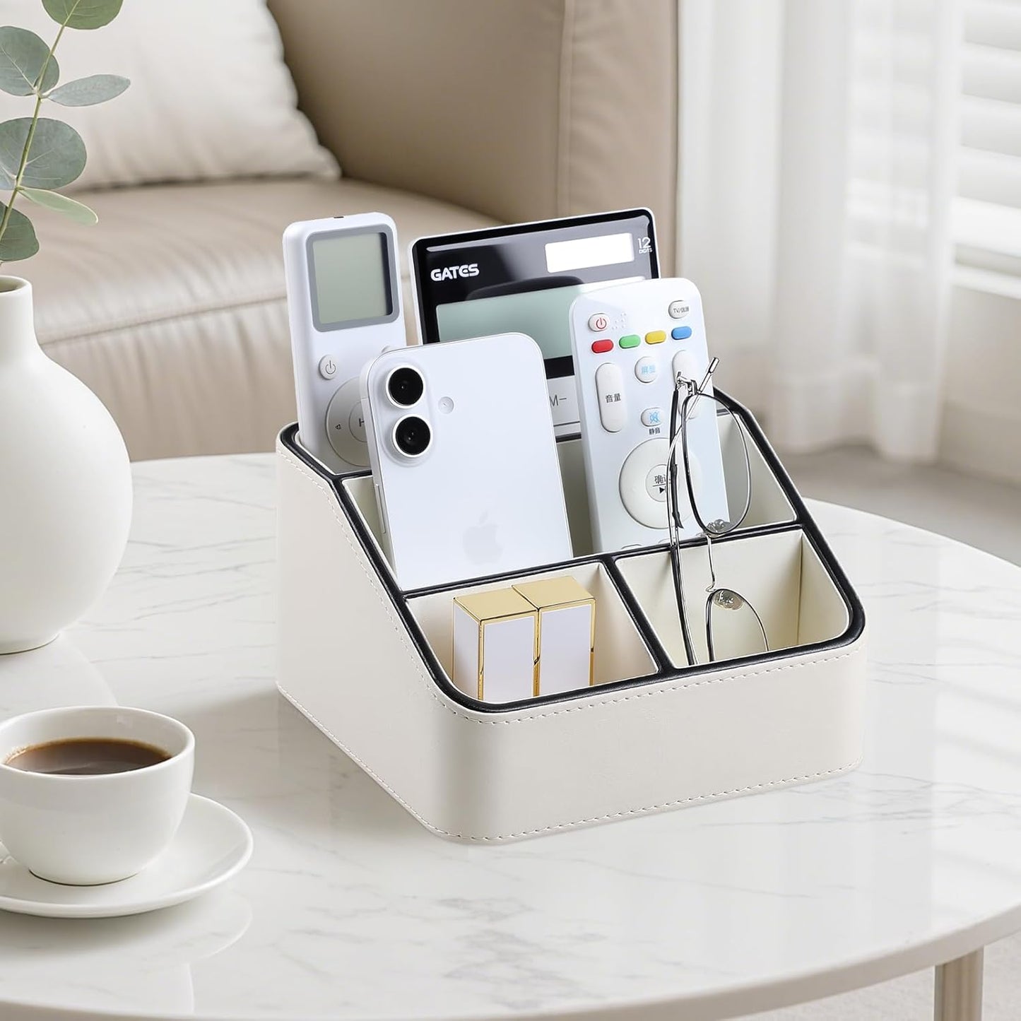 Remote Control Holder, PU Leather Small Desk Organizer with 4 Compartments, Nightstand Organizer Desk Caddy for Remote, Notepad, Phone, Glasses, and Accessories (Cream)