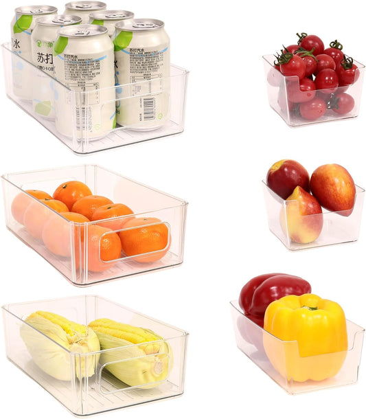 Refrigerator Organizer Bins 6 Pack Fridge Organizers with Handles Clear Freezer Storage Containers for Pantry, Cabinets,Shelves, Drawer