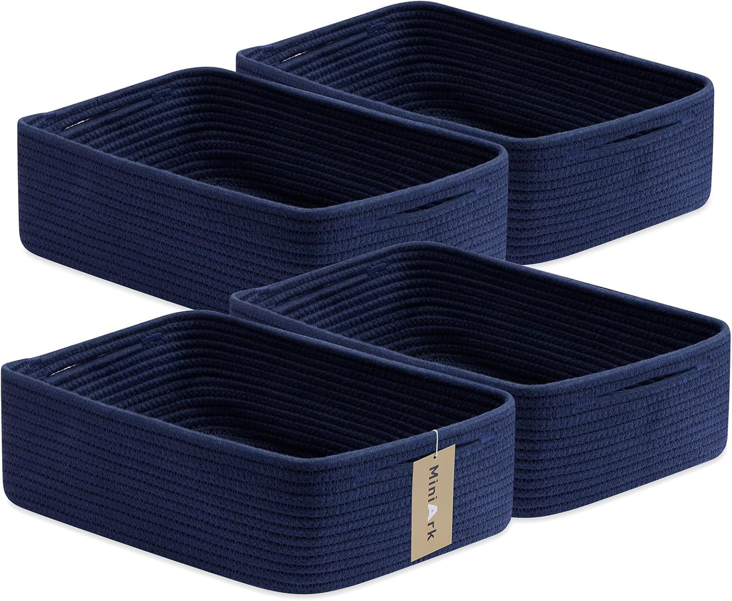 Large Shallow Organizing Baskets 15x11x5.1 Inches - Rope Woven Storage Bins for Bathroom, Shelves, Cube Closet, Navy Blue 4 Packs