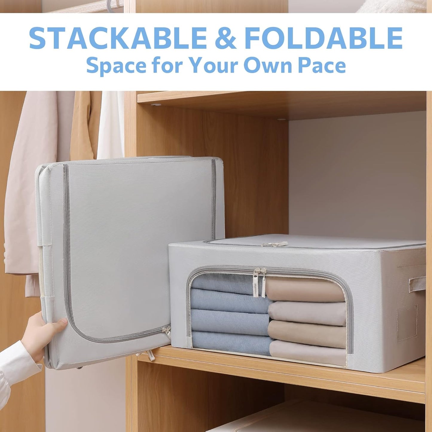 CYhom 3Pack Frame Storage Box - Clothes Storage Bin Bags Oxford Fabric Foldable Stackable Container Organizer Set with Clear Window & Carry Handles (Grey, Medium-44L)
