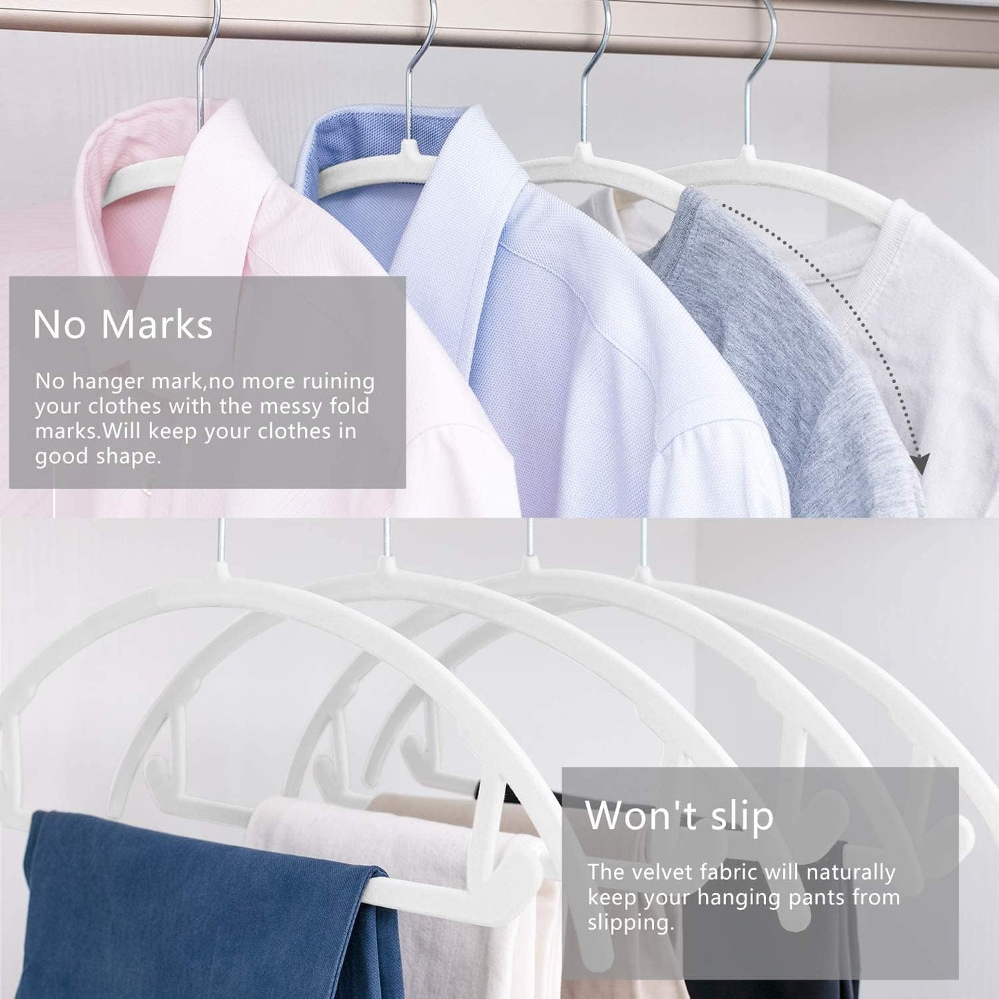 MIZGI Premium Velvet Hangers 50 Pack Heavyduty- Non Slip No Shoulder Bump Suit Hanger - Chrome Hooks,Space Saving Clothes Rounded Shape for Coat,Sweater,Jackets,Pants