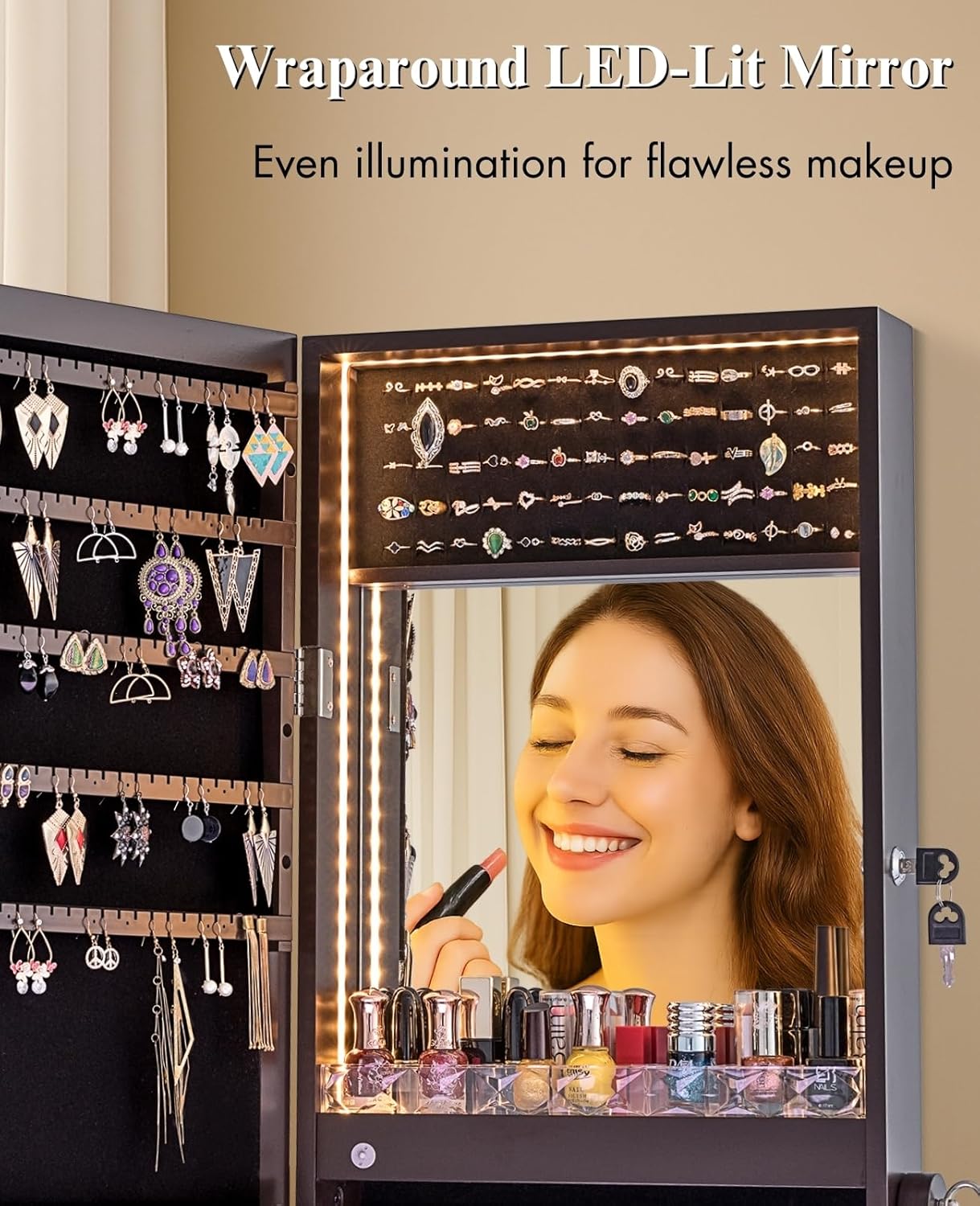 LUXFURNI Mirror Jewelry Cabinet 79 LED Lights Wall-Mount/Door-Hanging Jewelry Armoire with Mirror, Lockable Storage Organizer w/Drawers, Brown