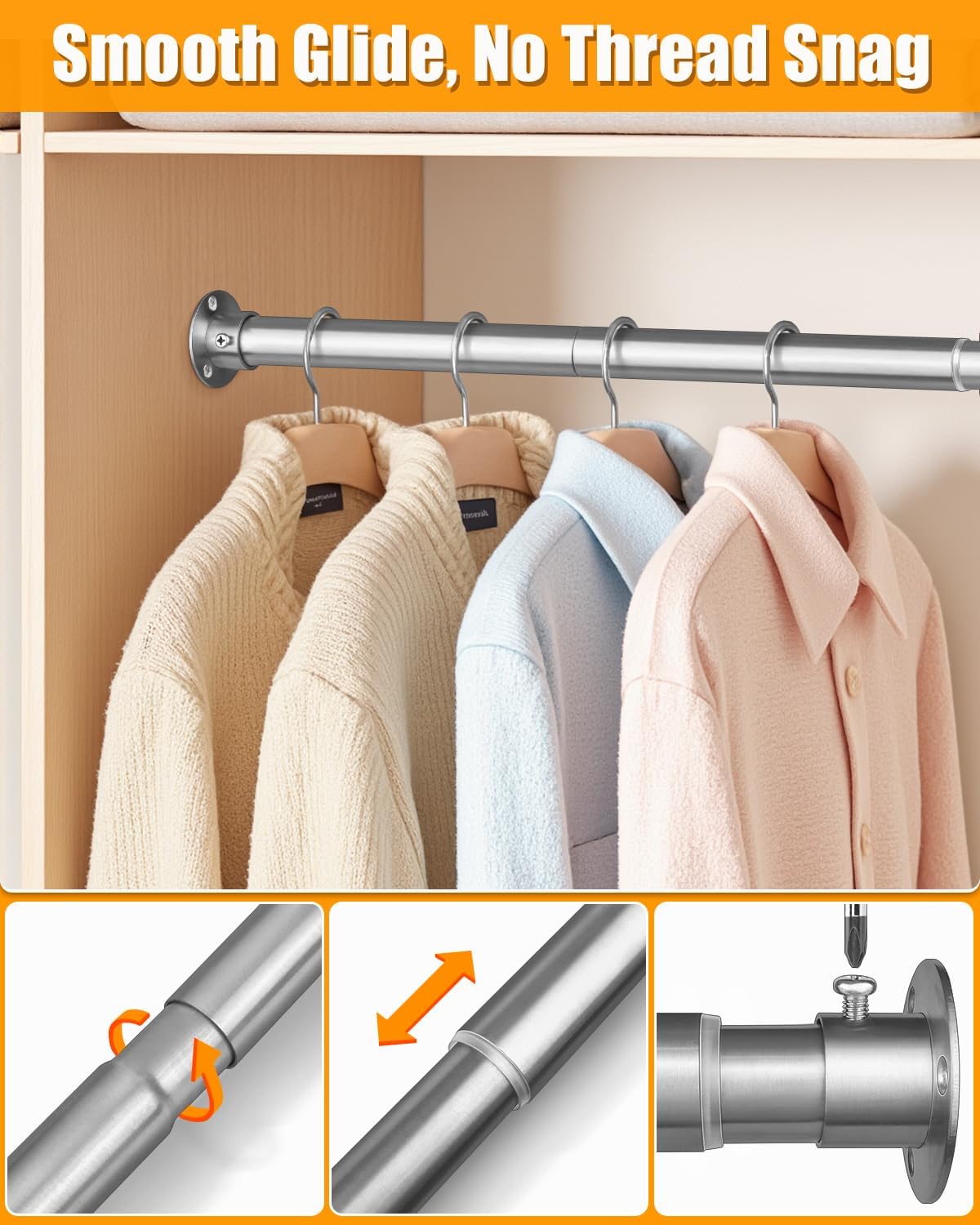 Closet Rods For Hanging Clothes, 17-40 Inch Heavy Duty and Stepless Adjustable Closet Poles, Stainless Steel Closet Hanging Rod for Closet, Wardrobes, Laundry Room, Bathroom, RV (Silver)