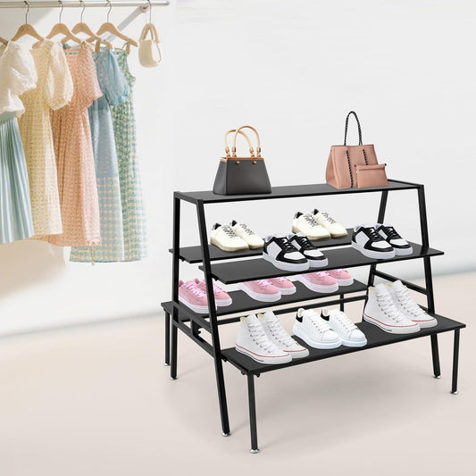 Nesting Tables for Retail Display, 3 Tier Metal Shoe Handbag Display Stand, Modern Retail Display Tables for Boutiques, Floor Standing Double Side Display Riser Shelf for Clothing Stores (Black)