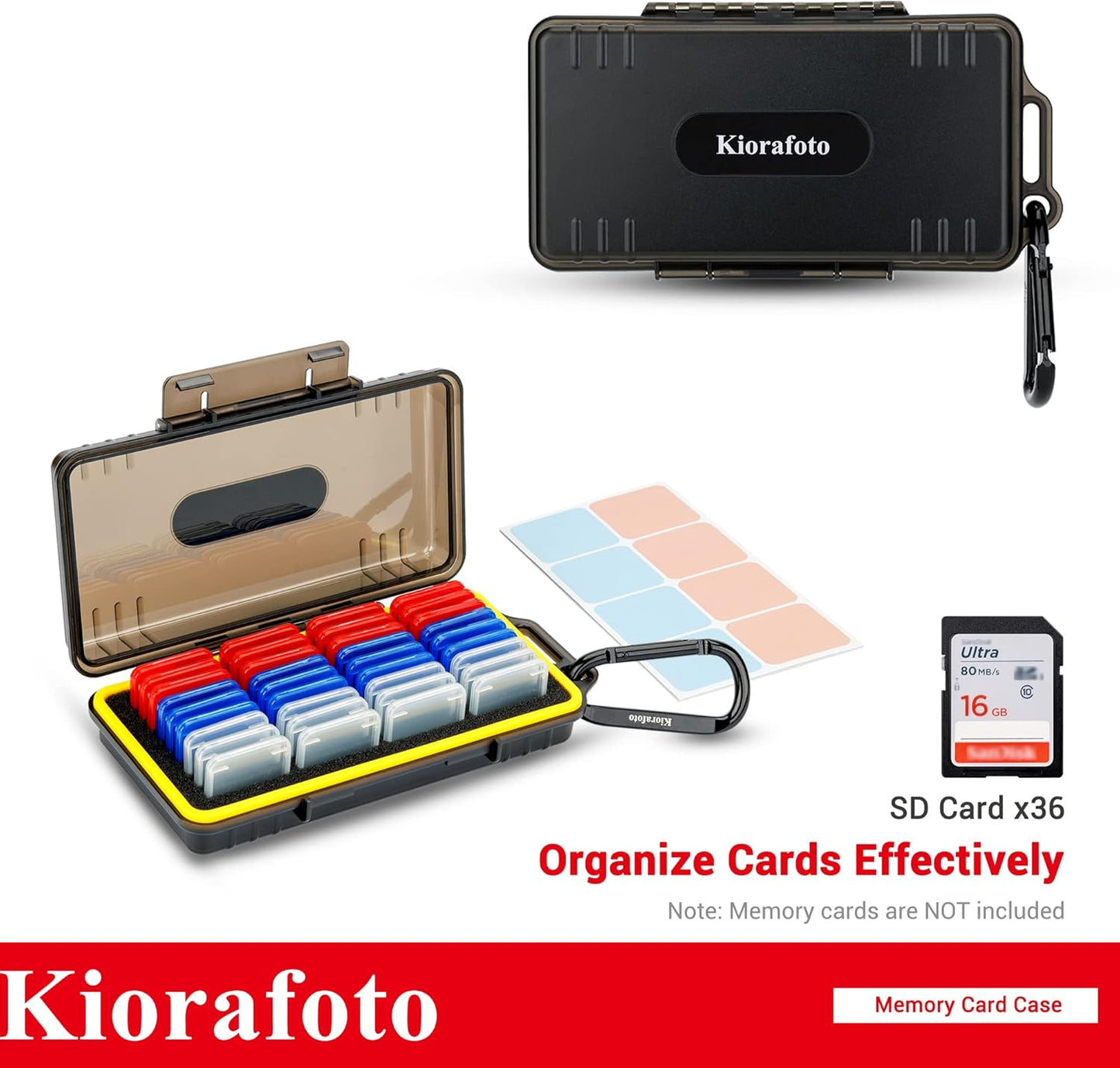 Kiorafoto SD Card Case with 36 Pack Individual Clear Plastic Memory Card Holders for 36 SD SDXC SDHC Cards,Water-Resistant Anti-Shock Anti-Dust SD Card Carrying Organizer Storage Protector with Labels
