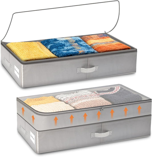 2 Pack 80L Under Bed Storage, Adjustable Height Large Storage Bins With Lids Handles Label Holder, Underbed Storage Containers for Blanket Clothes Shoes Bedroom Closet, Grey