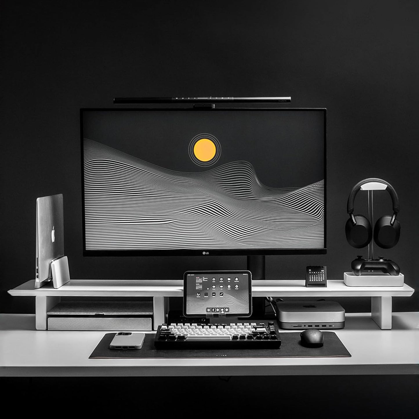Raico Desk Cockpit Shelf Monitor Stand System Dual Screen Setup Wood Large Desk Accessory Organizer Unit (Matte White, Full Length v2 | 45.7 Inches)
