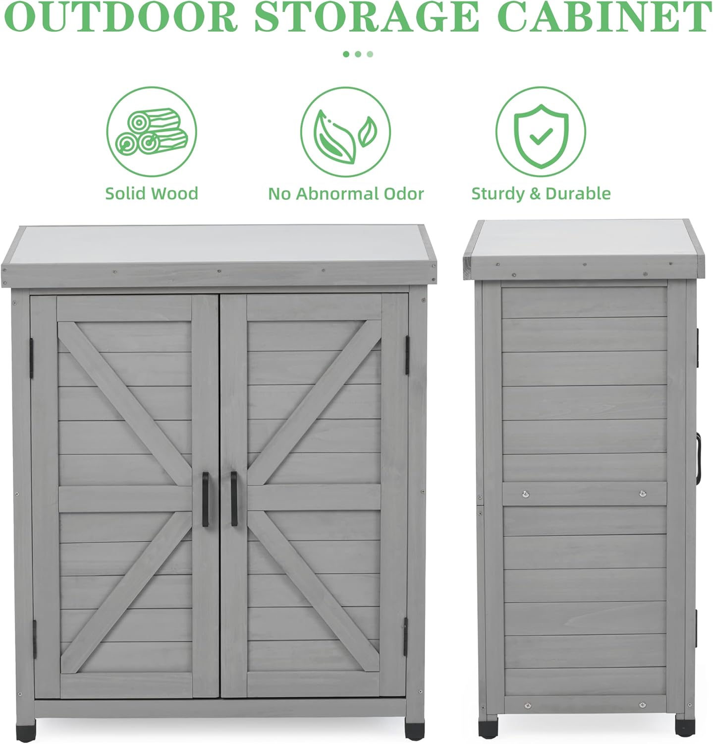 Outdoor Potting Bench with Storage Cabinet and Metal Top, Wood Workstation for Outdoor Patio, Garden (Classic Grey, 31x17x36‘’)