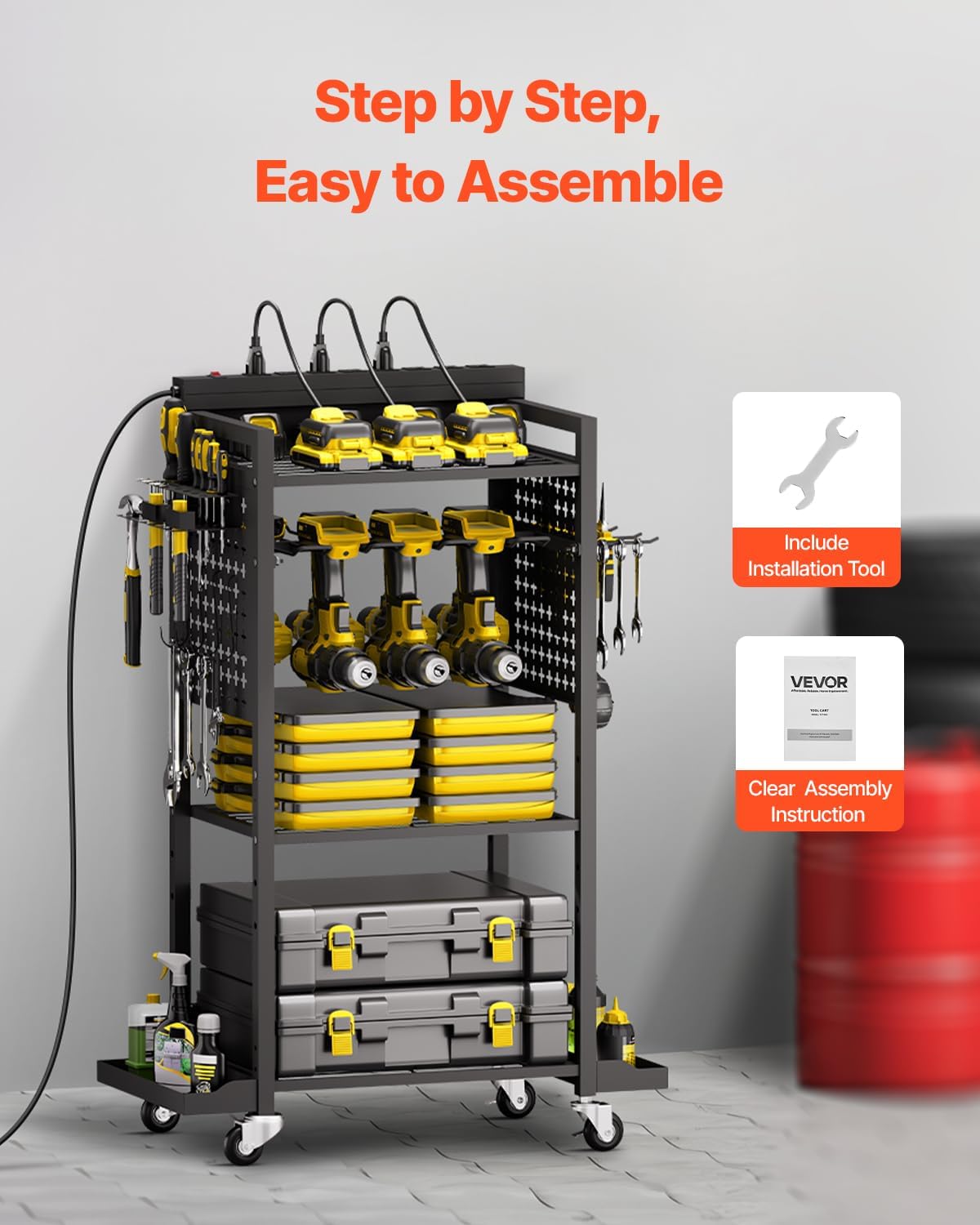 VEVOR 4-Tier Tool Organizer Cart with Charging Station, 8 AC Outlet, Floor Stand Rolling Drill Holder and Tool Battery Storage Rack on Wheels, Garage Floor Rolling Storage Cart for Workshop, Garage
