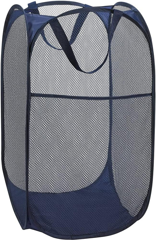 BATTOO Deluxe Strong Mesh Pop up Laundry Hamper Basket with Side Pocket for Laundry Room, Bathroom, Kids Room, College Dorm or Travel Navy Blue