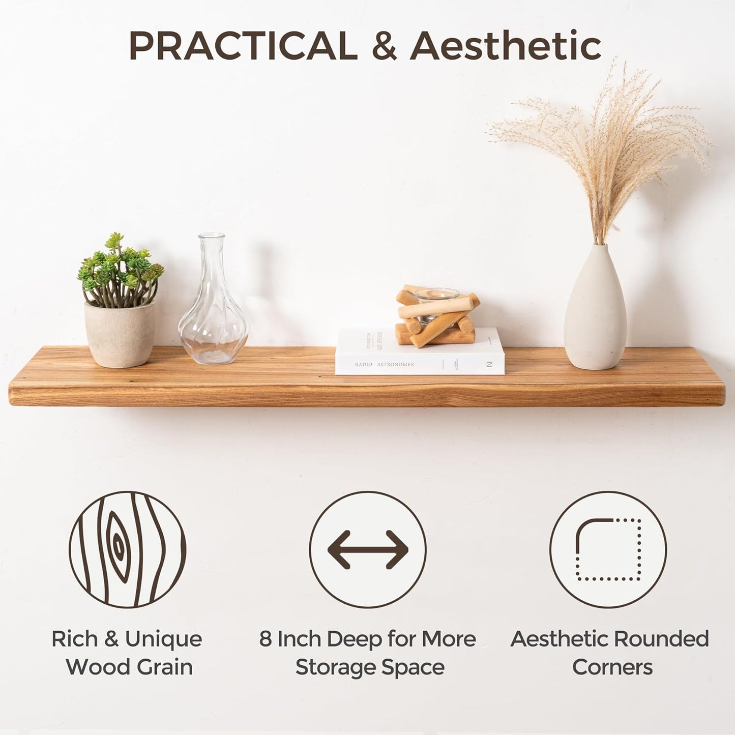 Fun Memories 55 Inch Wood Floating Shelves, Natural Elm Wood Floating Shelf for Wall, 8 Inch Deep Wall Shelves for Home Storage & Display, Deep Rustic Wooden Shelves for Living Room, Bedroom, Kitchen