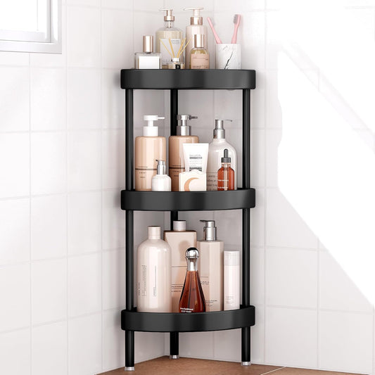 Nieifi Corner Shower Caddy Stand-3 Tier Rustproof Anodized Aluminum Standing Shower Organizer-Shower Caddy Corner-Dual Stability to Anti-Shaking-Height-Adjustable Legs for Uneven Surfaces-Black