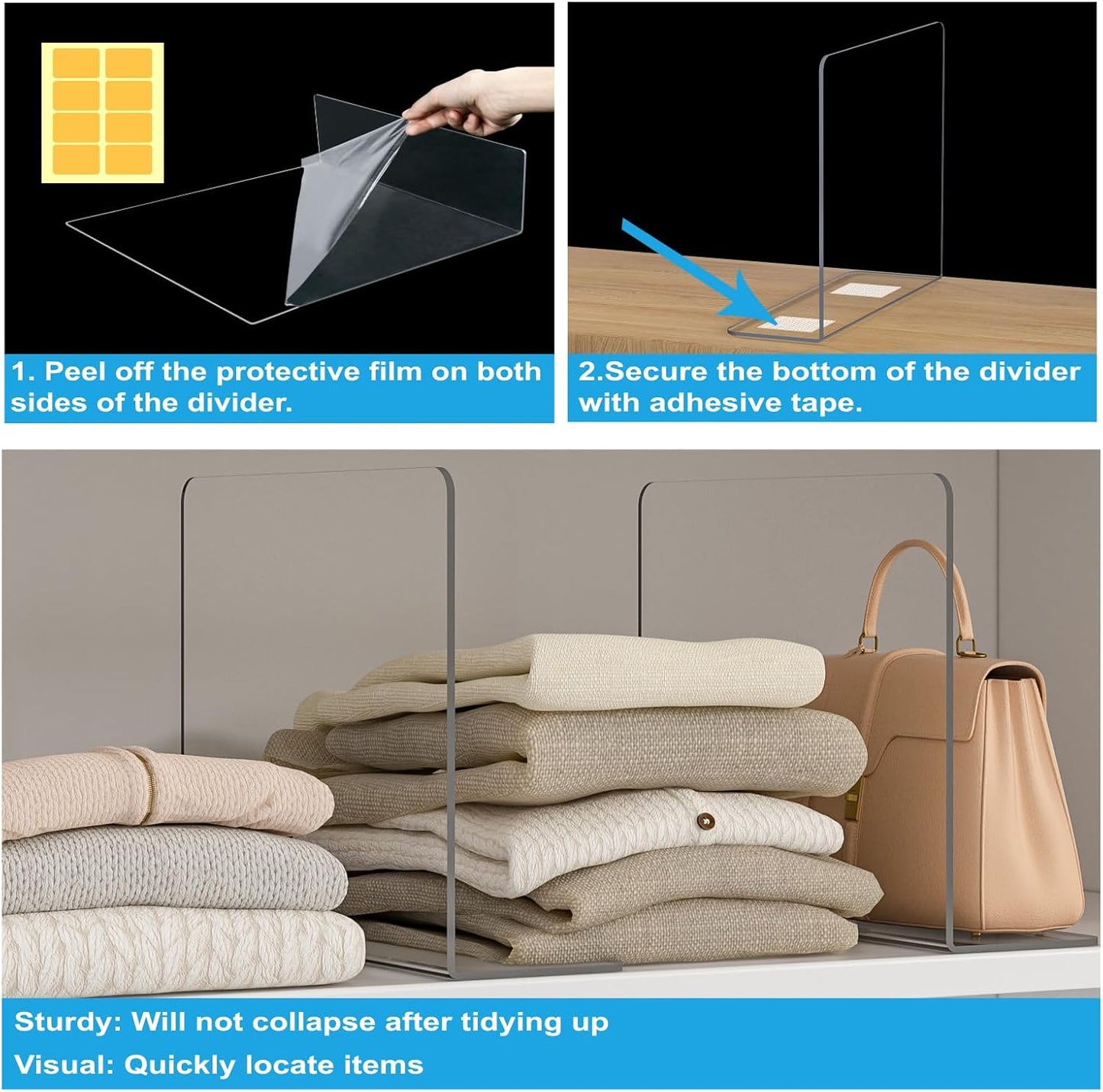 OKPOW Shelf Dividers Closet Organizer - 12" Tall X 9" Deep Acrylic Clear Sturdy Separate for Clothes Purse - Adjustable Space Saver Easy Install for Home Organization Enthusiasts 4 Pack