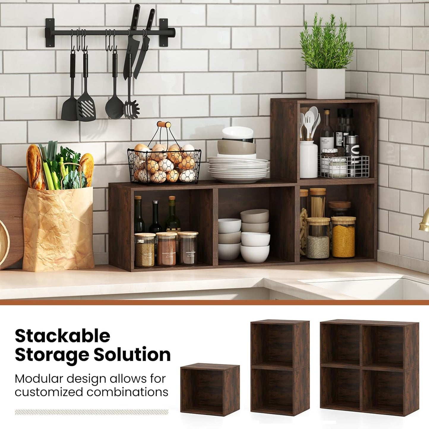 Giantex 4-Cube Bookcase, Stackable Cube Storage Organizer w/Open Bookshelf, Wooden Display Shelving Unit for Small Space, DIY Modular Cubby Storage System for Home, Study, Rustic Brown