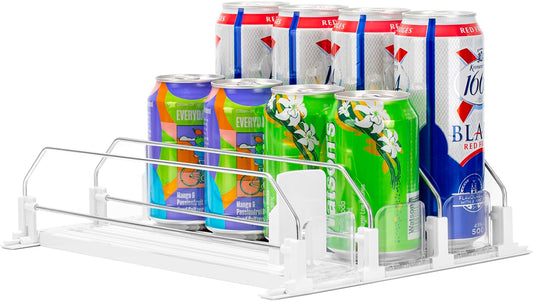 Rula Drink Organizer for Fridge, Self-Pushing Soda Can Dispenser for Mini Refrigerator, Width Adjustable Water Bottle Pusher Glide, White, 3 Rows,12.2” D