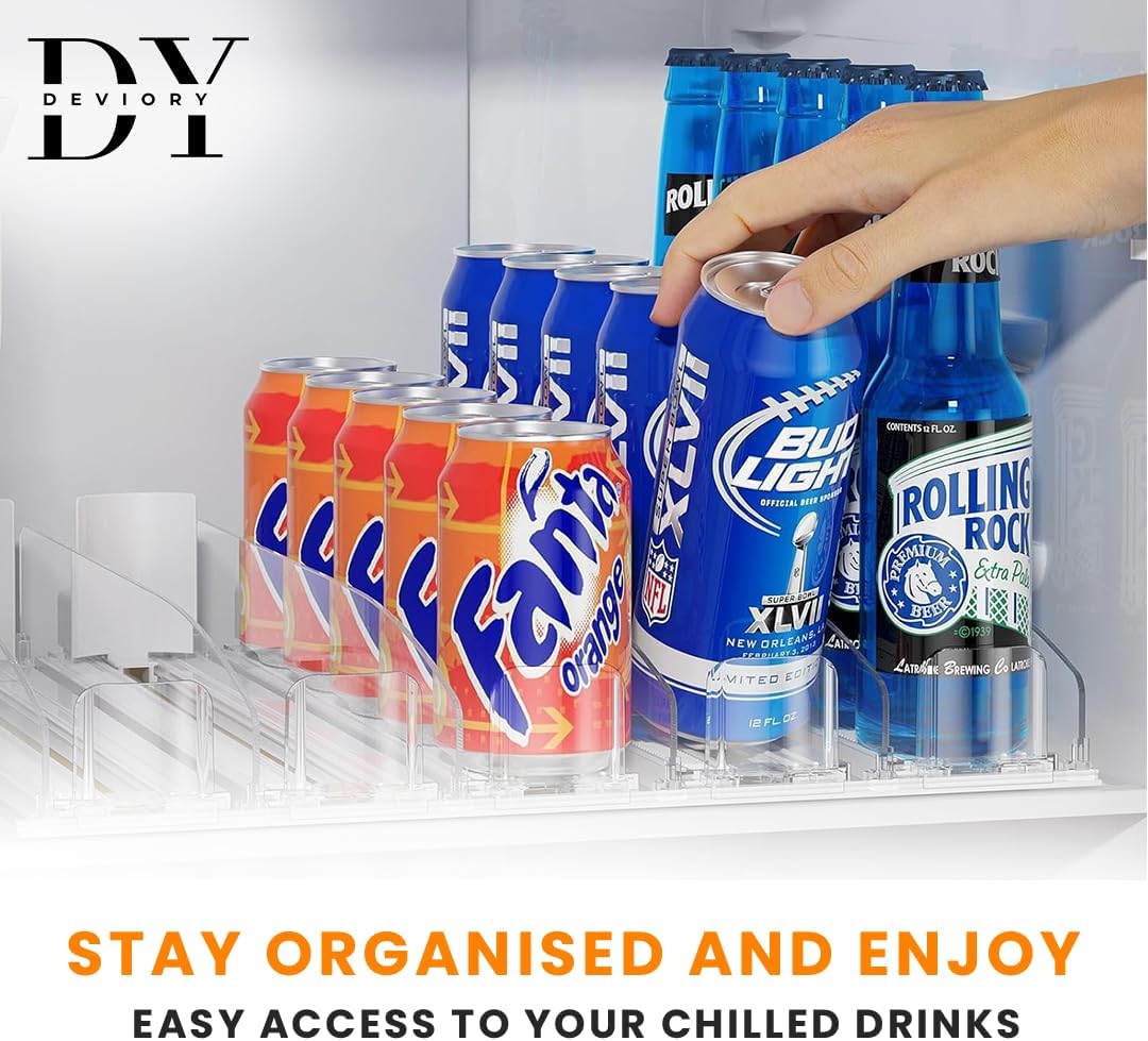 Soda Can Organizer with Automatic Can Pusher | Refrigerator Drink Organizer | Beverage Dispenser for Soda, Cans and Bottles | Space-Saving | Stainless Steel | Adjustable Sizes (5 Rows)