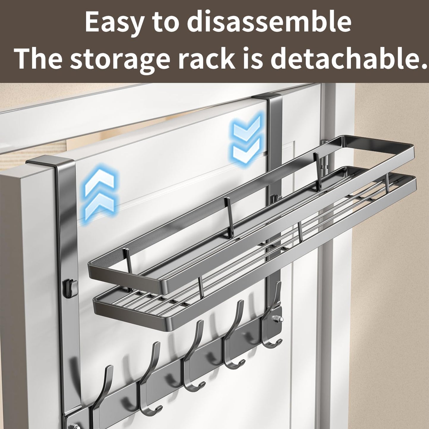 Over The Door Hooks Organizer, Coat Rack Over The Door Storage Hanger Towel Rack with Mesh Baskets and 10 Hooks, Back of Door Storage Organizer for Bathroom, Bedroom, Kitchen, Office (Grey)