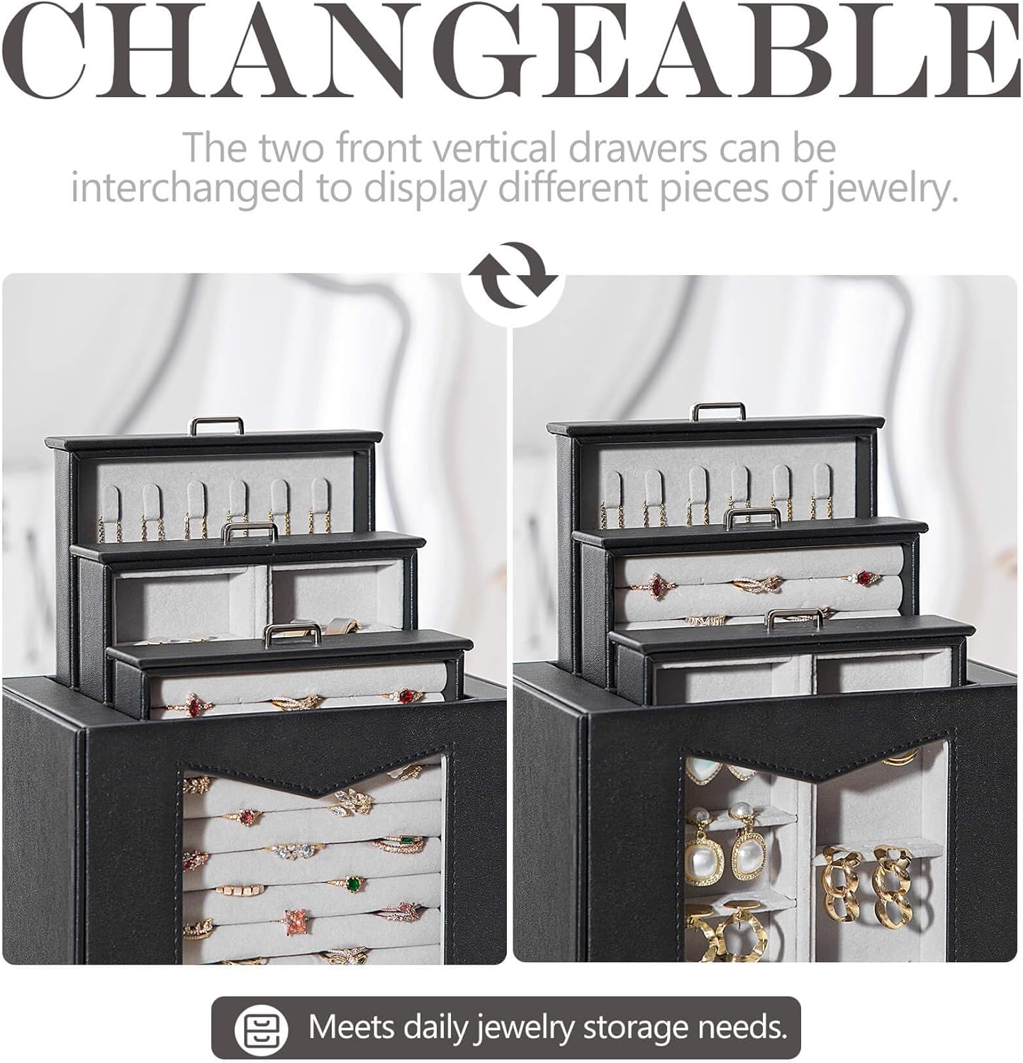 Homde Jewelry Organizer with Transparent Window Necklace Hooks Gift for Women Jewelry Box Display Case for Necklaces Rings Earrings Bracelets and Other Accessories (Black)