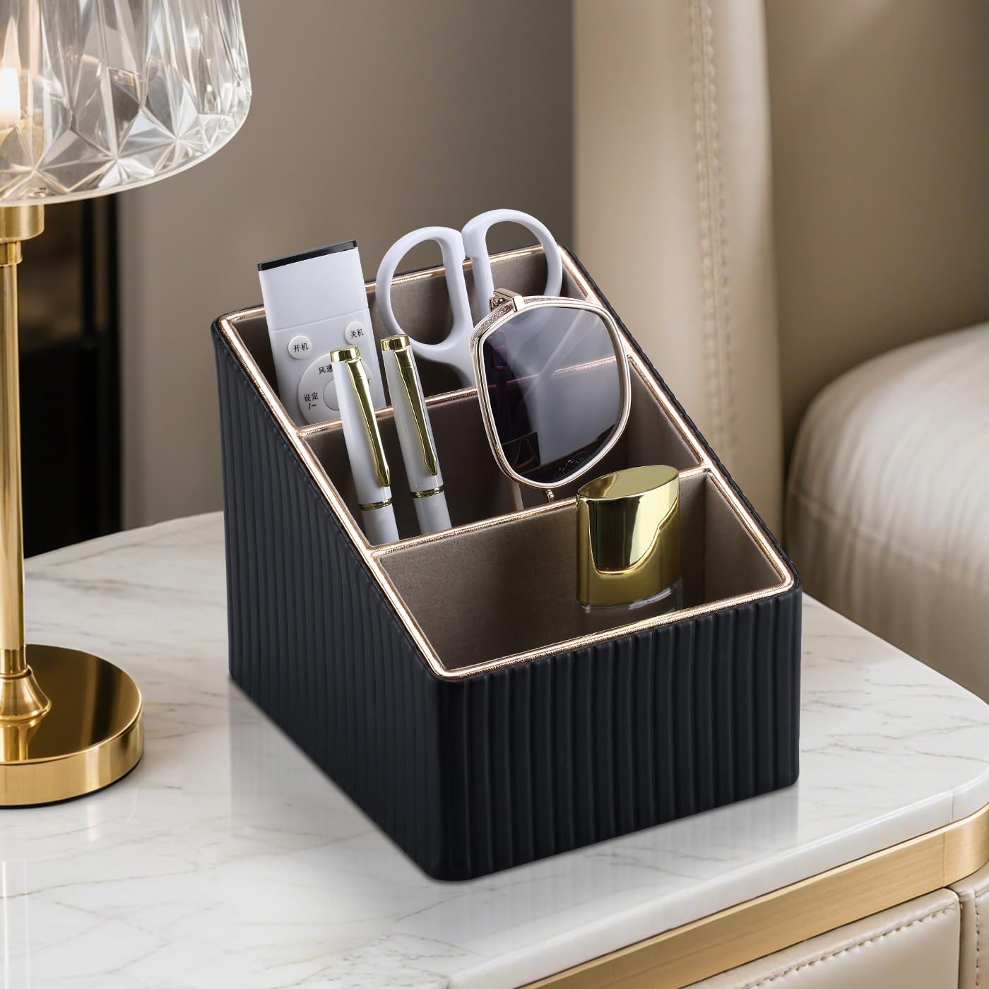 KINGFOM 3 Slot PU Leather Remote Controller Holder, Home Sundries Storage Box, TV Guide/Mail/CD Organizer/Caddy/Holder with Free Cable Desk Organizer (Black Striped)