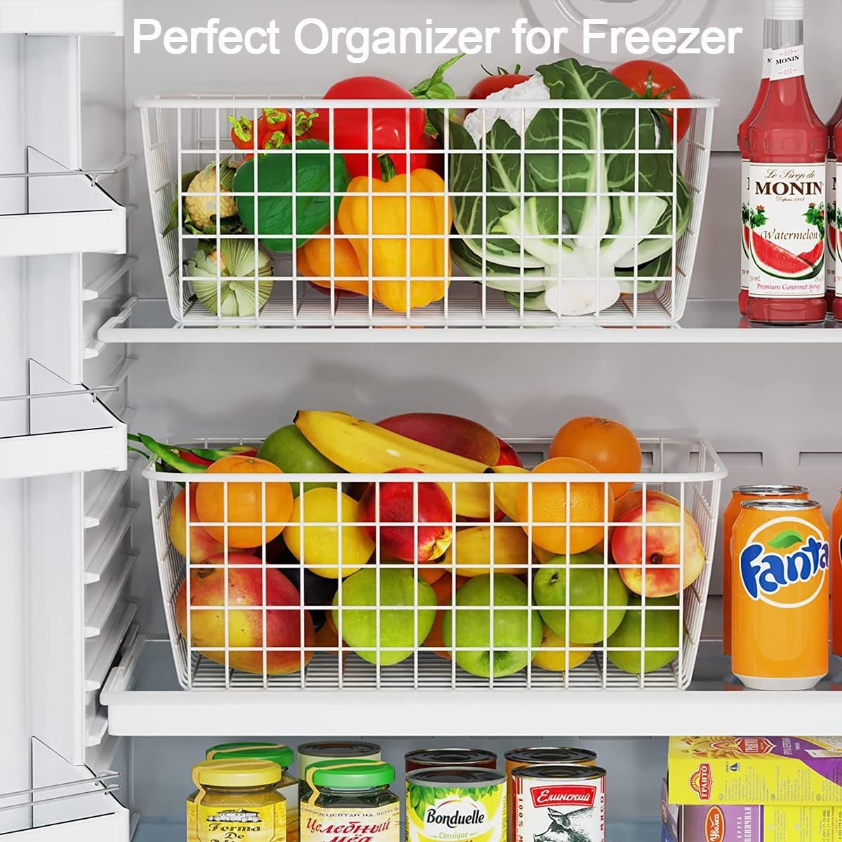 3 Pack Freezer White Wire Baskets for Organizing Office Wire Storage Basket with Built-in Handles, 14" Large White Metal Baskets for Pantry Freezer Kitchen Cabinets