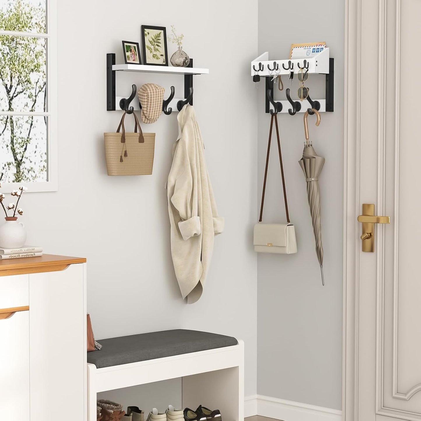 Evermagin 29" Coat Rack Wall Mount with Shelf, 4 in 1 Coat and Key Hanger with 11 Metal Hooks, Entryway Wall Mounted Shelf with Mail Holder for Living Room, Bedroom, White