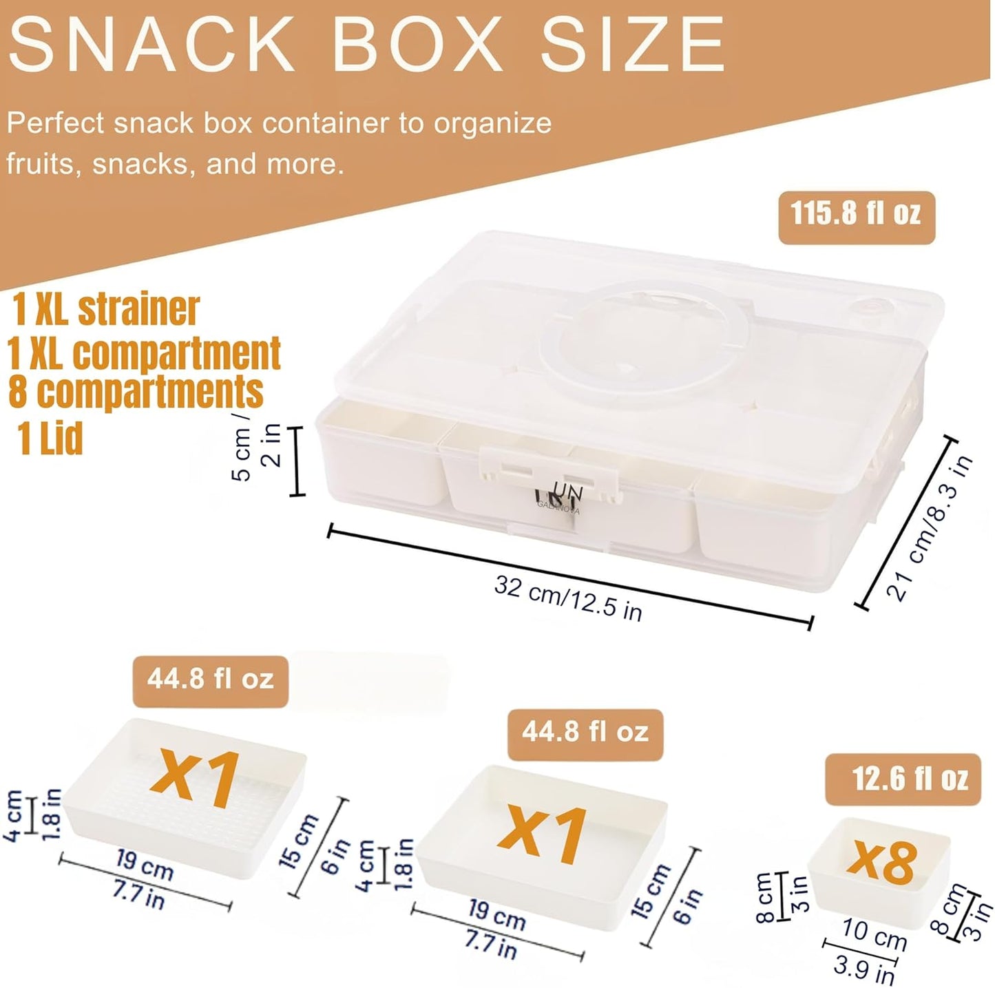 Snackle Box Container - 10 Compartments Including 2 XL, Dishwasher & Microwave Safe, Divided Serving Tray with Lid and Handle, BPA-Free, snack box (1 PCS, White, 1 Box with 2 XL Compartments)