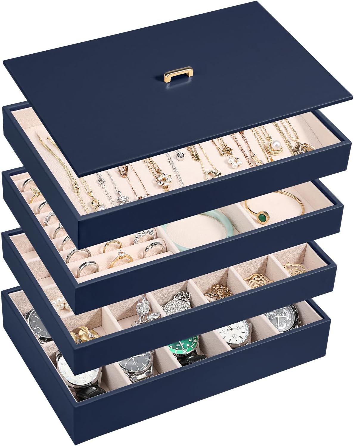 Voova Stackable Jewelry Organizer Tray with Lid, PU Leather Jewelry Storage Holder for Drawer Inserts, Jewellery Display Box Case for Earring Necklace Ring Watch Bracelet (Set of 4, Navy Blue)