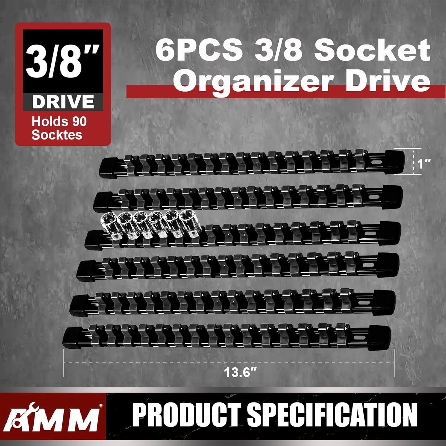 AMM 6-Piece Socket Organizer，3/8 inch Drive ABS Tools-Socket Holder，Heavy Duty Socket Racks，Premium Quality Socket Clip Rail Holder，The best tool trays in the garage
