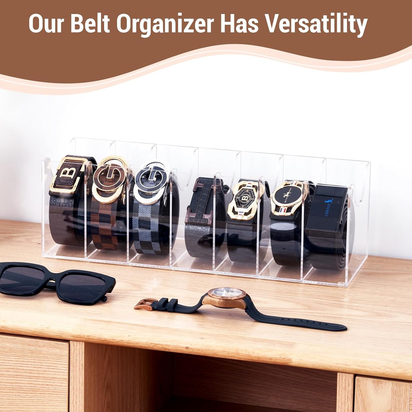 Acrylic Belt Organizer for Closet - 7 Compartments Transparent Storage Holder | Display Case for Makeup, Jewelry, Watches, Bow Tie, & Bracelets | Multipurpose Clear Containers & Versatile Design