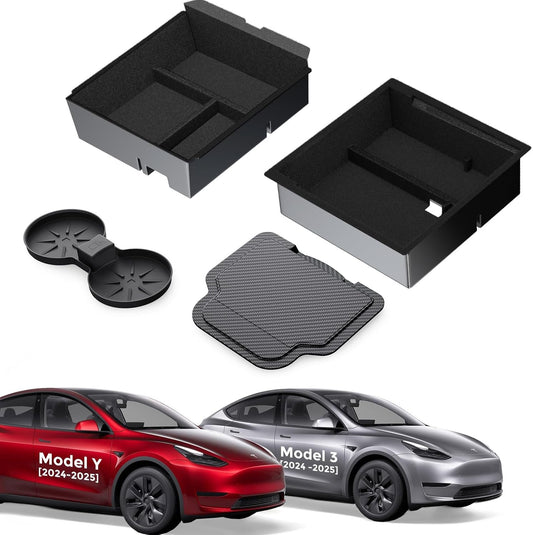 4PCS Upgraded Tesla Model Y Juniper (2025–2026) Accessories & Tesla Model 3 (2025 Highland) Accessories Center Console Organizer, Hidden Storage Box, Cup Holder, and Armrest Drawer Organizer