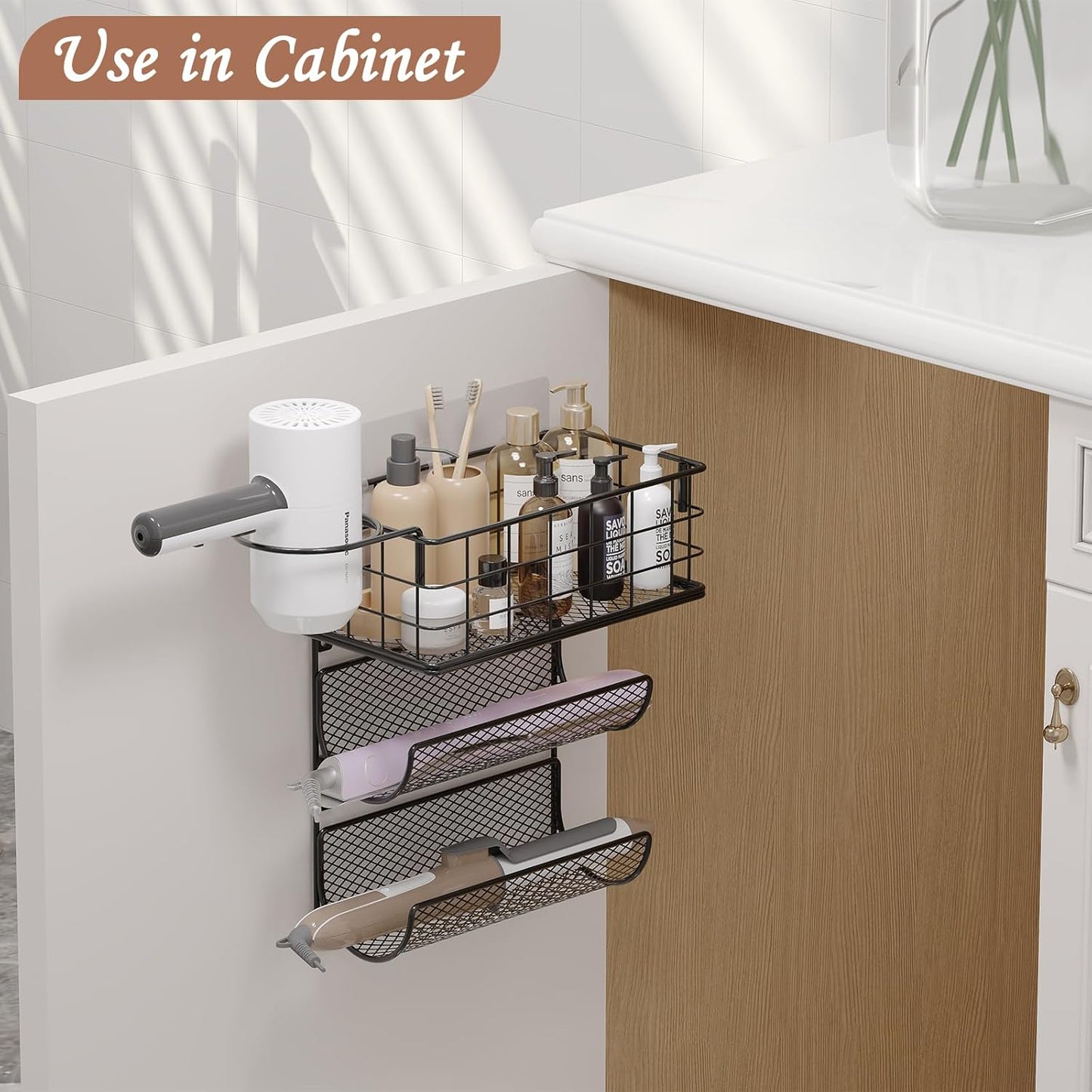 4 tiers Hair Dryer Holder Styling Tool Organizer Wall-Mounted Storage Wire Basket with Hook Heat Safe Rack for Hair-Straighteners,Curling Wands,Flat Iron,Perfume,Cabinet Door Bathroom