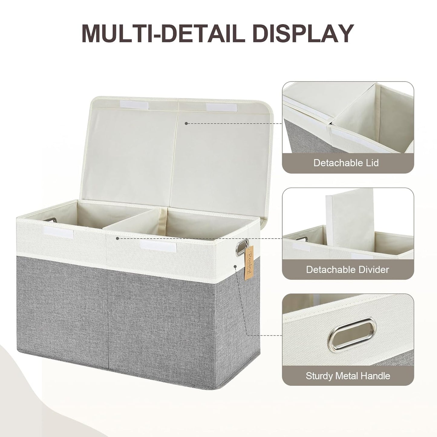 Large Toy Box with Flip-Top Lid, Collapsible Storage Organizer Bins with Dividers and Handles, Kids Bin Chest Baskets for Toys, Playroom Organizers, Nursery 25"x13" x16" (Gray & White)