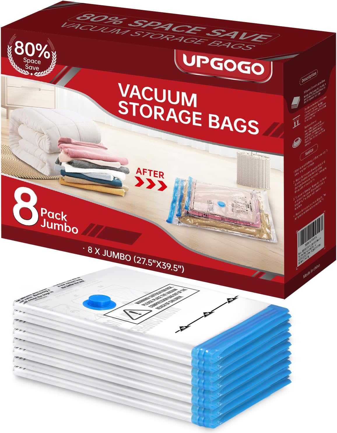 8 Pack Jumbo Vacuum Storage Bags,Vacuum Seal Bags for Clothing,Space Saver Bags,Comforters, Blankets, Bedding